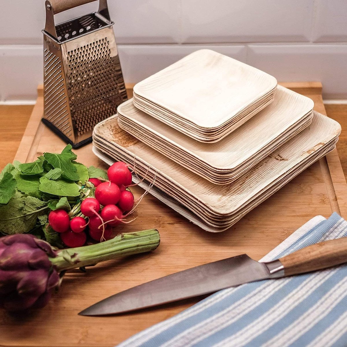 Tableware, Palm Wood Plates, Cutlery Forks+Knives+Bamboo Wooden Spoons- Disposable Cups, Disposable Napkin (50 Piece (20x20cm))