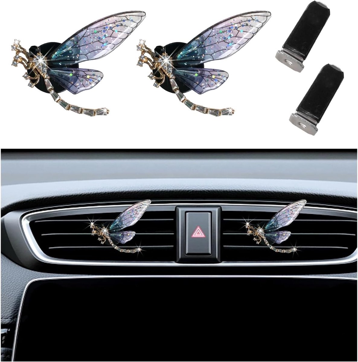 2 stuks Bling Libelle Air Vent Clips, Leuke Crystal Auto Luchtverfrissers Vent Clips, Strass Diamant Auto Diffuser Vent Clip voor Vrouwen Meisjes, Auto Interieur Decor Accessoires (Blauw)