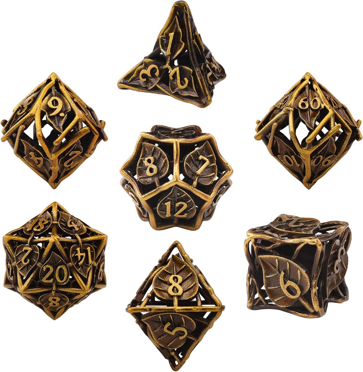 - 7 stuks polyedrische holle dobbelstenen D4/D6/D8/D10/D12/D20/D% dobbelstenen voor RPG D&D draken (antiek goud)