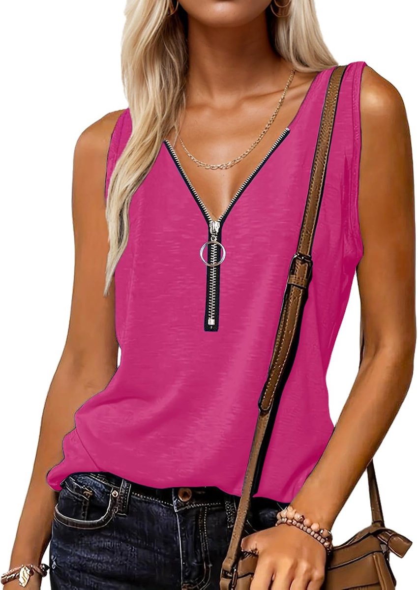 Tanktop voor dames, zomer, mouwloos, bovenstuk, V-hals, tanktops, sexy strandvest, top met halve ritssluiting
