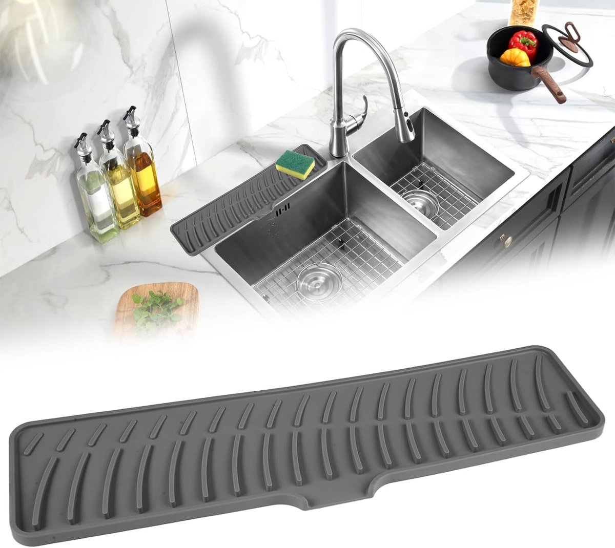 Kraanmat met Afvoerhelling, 42 × 10cm Siliconen Mat voor Spoelbak | Antislip Smalle Spoelbak Splash Guard, Kraan Mat voor Waterafvoer voor Keuken en Badkamer, Werkblad Beschermen