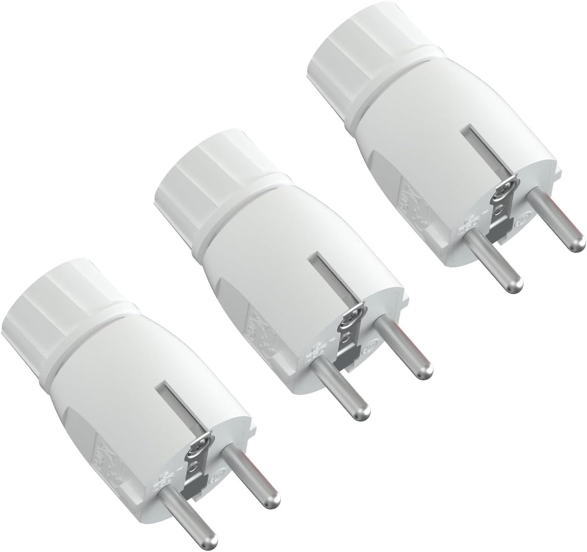 Stekker 3 stuks 250V 16A, geaarde stekker met trekontlasting, rechte Schuko stekker IP20, voor kabel 1,5 mm², stroomstekker voor binnengebruik, kunststof, Wit