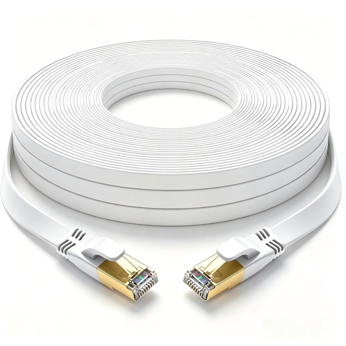 Cat 8 Ethernet Kabel 25m Plat, Vergulde RJ45-Connector, Hoge Snelheid 40 Gbit/s, 2000 MHz, voor Router/Pc/Gaming/Modem, Sneller dan Cat7/Cat6/Cat5 (Wit)