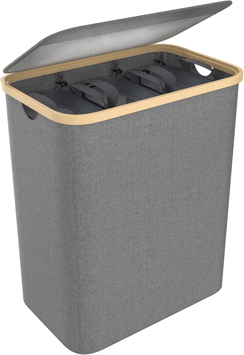 140 liter, vuile wasmand met deksel, houten handgreep, 3 sorteervakken en wasbare opvouwbare waszak voor badkamer, slaapkamer, kinderkamer of woonkamer, grijs