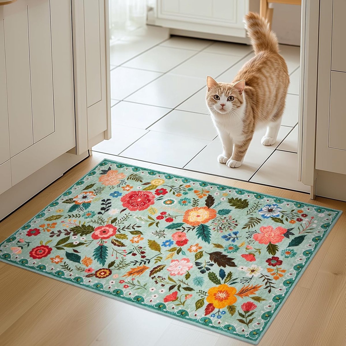 Schoonloopmat voor binnen, wasbare deurmat, bloemenpatroon, vintage tapijten, lage pool, antislip, zacht, entree deurmat voor hal, entree, keuken, 66 x 100 cm, groen