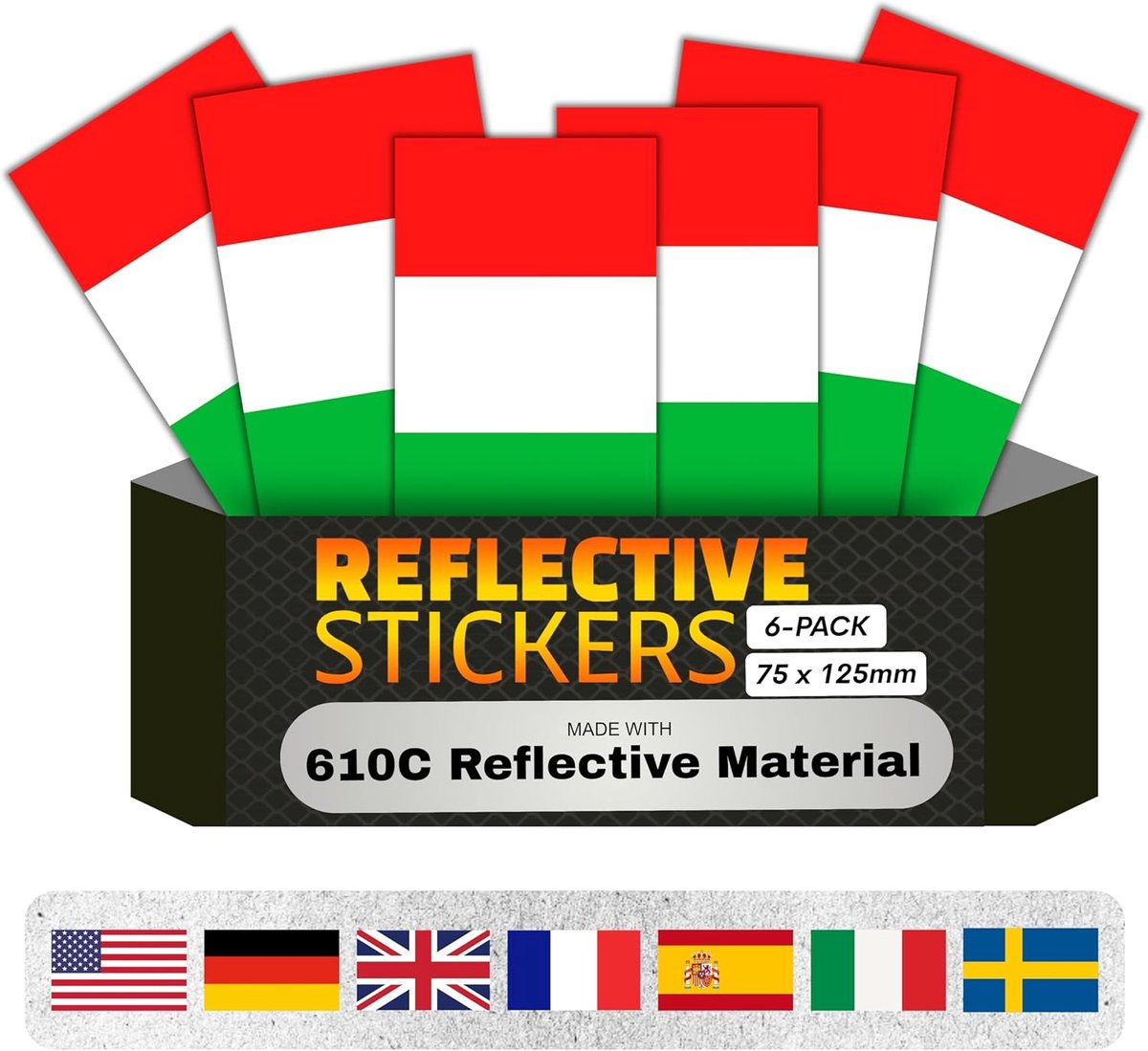 12899/ASTM D4956 Reflecterende Vlagsticker, Waterdicht, Kindermotorfiets, Fiets, Zelfklevend, Vrachtwagenaanhanger, Auto, 610C Materiaal (Italien Flagge, 75X125mm, Set-6)