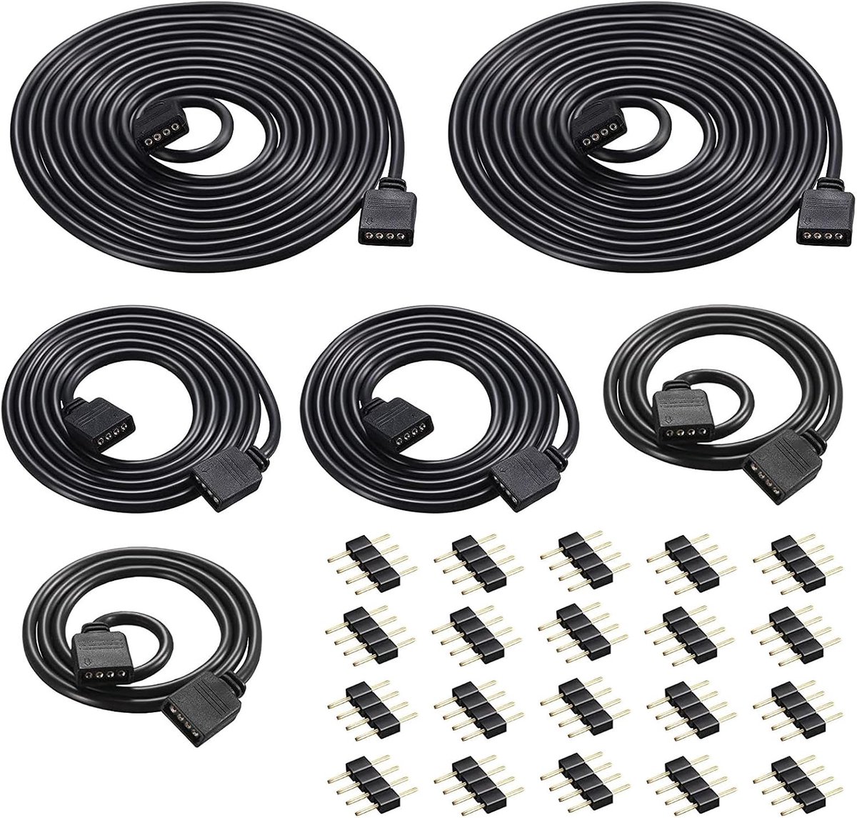 6 stuks ledstripconnectoren verlengkabel 4-pins led-verlenging zwart, aansluiting verdeler kabel voor 4-pins LED RGB strip licht, 1 m/2 m/3 m
