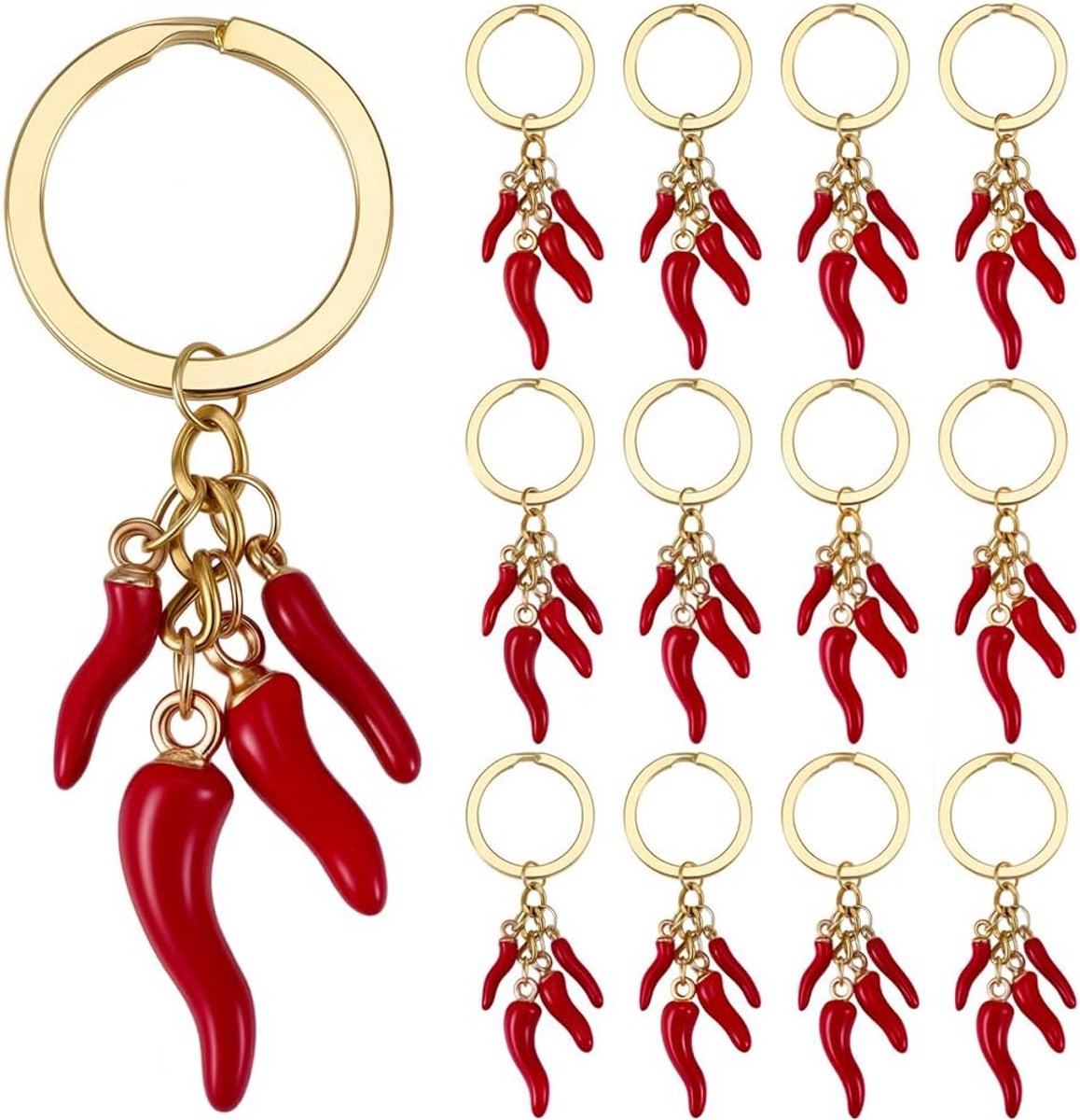1 Doos 20 Stks Hot Peper Sleutelhanger Bulk Voedsel Sleutelhanger Pack Goud 3D Rode Chili Peper Pittige Groente Mexicaanse Cinco De Mayo Festival Sleutelhangers Verpakking voor Feestgunsten