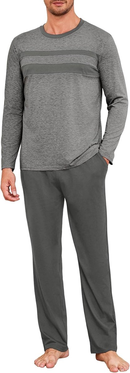 Lange katoenen pyjama voor heren, lange mouwen, pyjama, broek met zak, S-3XL