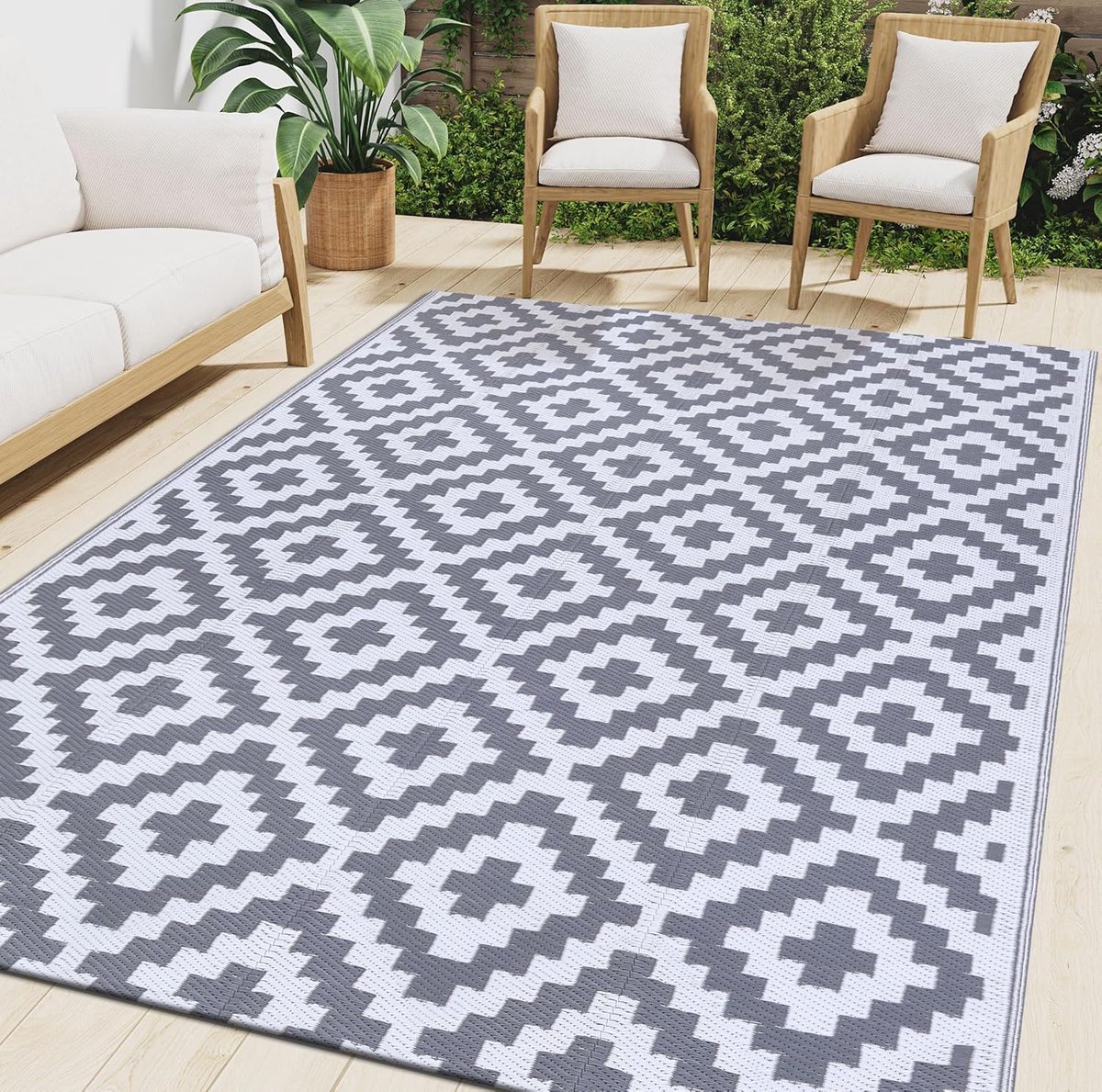 Smiry Outdoortapijt, waterdicht, uv-bestendig, omkeerbaar, voor balkon, camping, picknick, tuin, 270 x 360 cm, grijs en wit