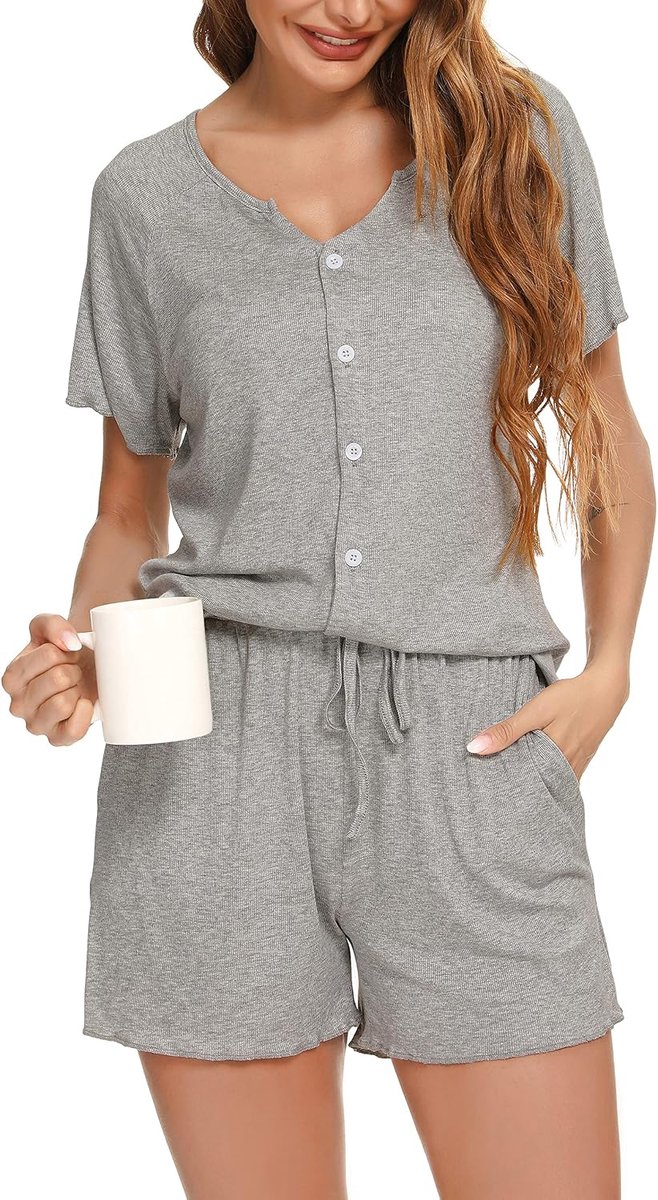 Pyjama's voor Dames Modaal Pjs Sets Geplooid Zacht Loungeset Korte Mouw Shirt en Korte Broek voor Lounge Slaapkleding