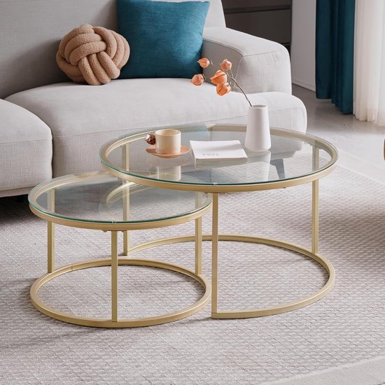 Bijzettafels in de woonkamer, kleine eettafel en bureautafel van gehard glas, groot 80 x 80 x 45 cm, klein 60 x 60 x 35 cm, goud — afbeelding 4