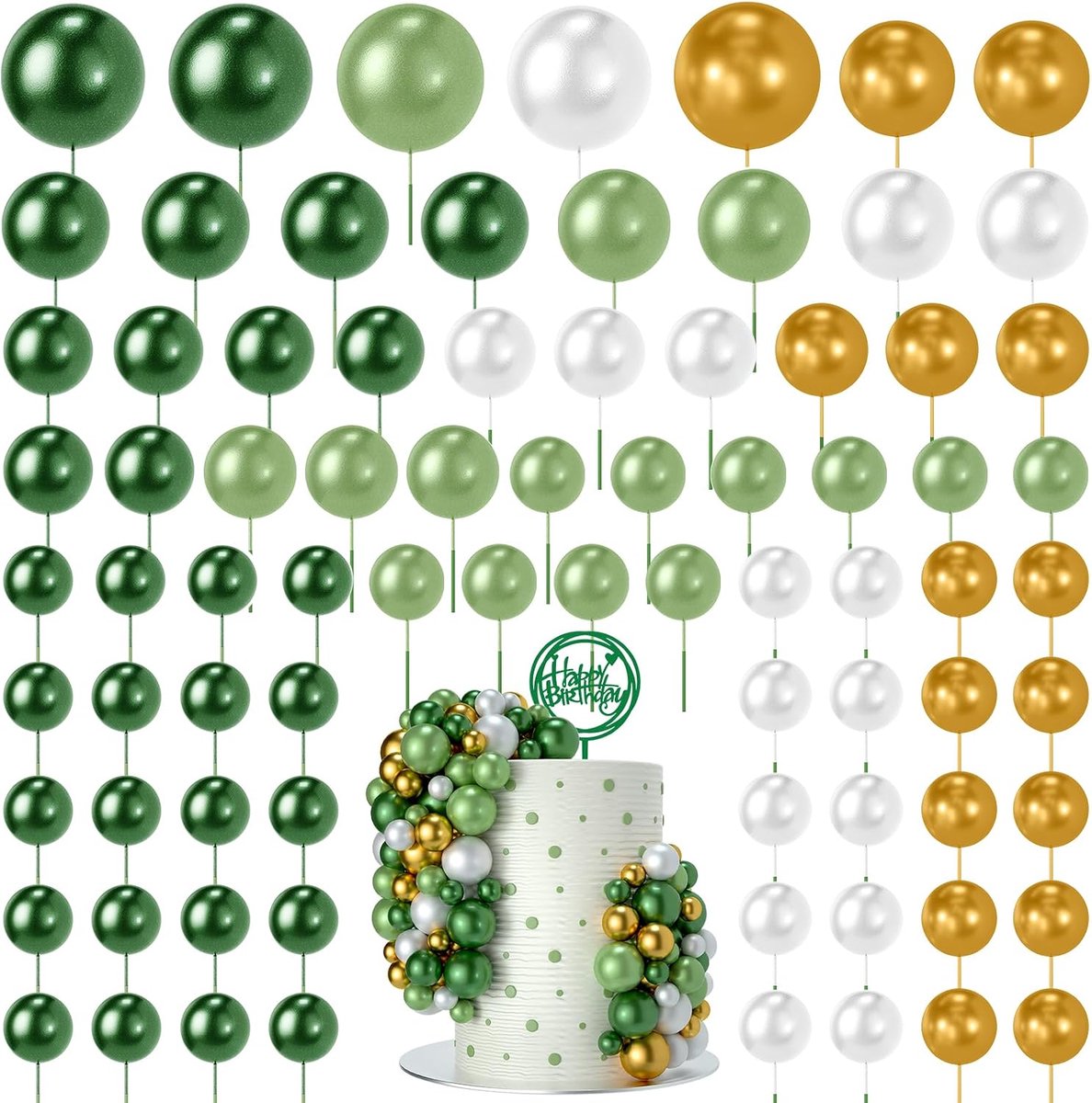 80 stuks mini-ballontaarttoppers, schuimdecoraties voor verjaardagsfeesten, bruiloften, jubileum (groen-witte serie)