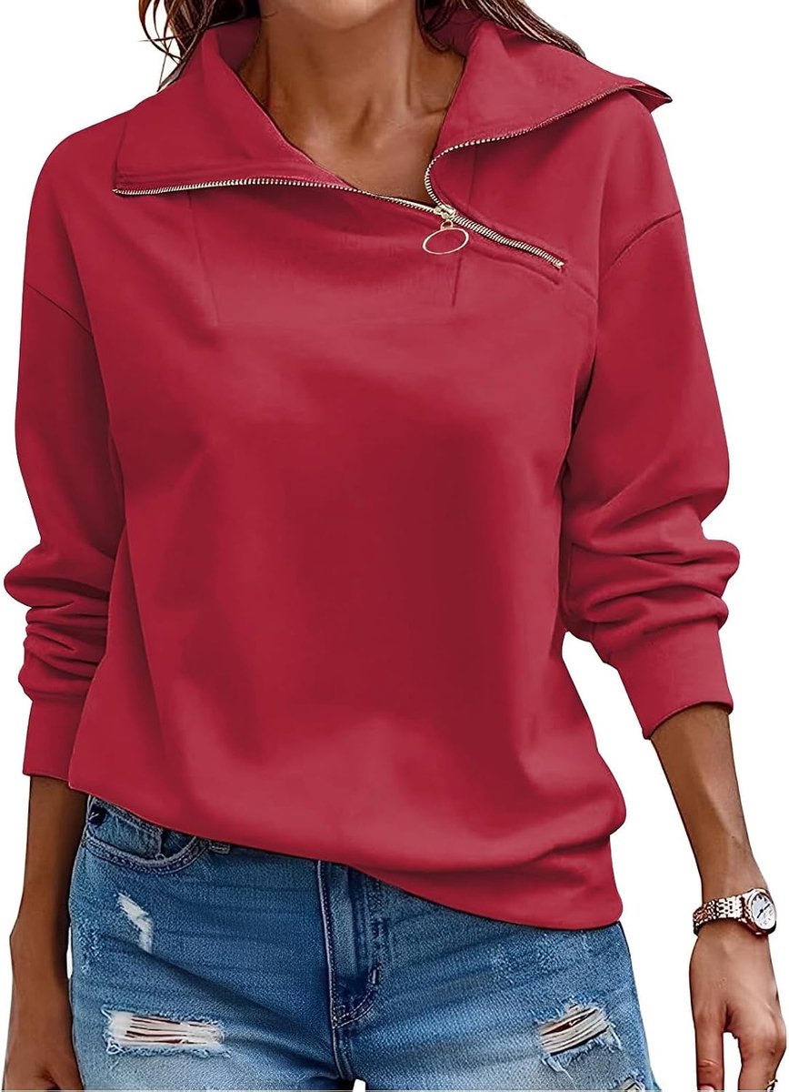 Pullover Dames Sweatshirt Herfst Kwart Ritssluiting Lange Mouwen Staande Kraag Pullover Losse Effen Casual Tops Dames | herfst, winter, lente, opstaande kraag, V-hals, casual, elegant, ritssluiting, pure kleur, basic, mode, klassiekers