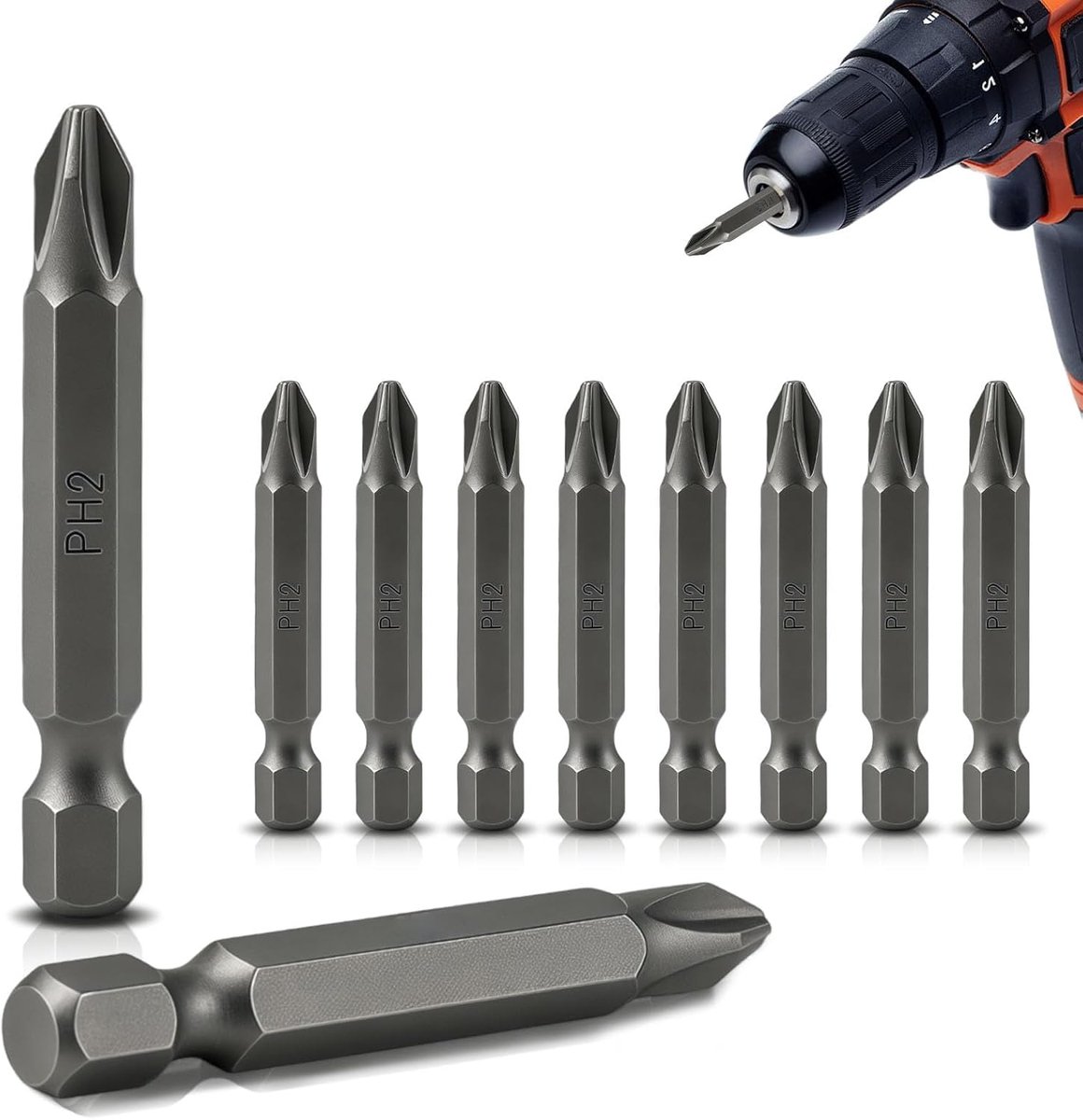 Bit, 20 stuks Phillips bits PH2 bitassortiment lang 50 mm bitset S2-gelegeerd staal 1/4 inch zeskantaandrijving voor kruiskopschroeven, boormachines, schroevendraaiers, meubelreparatie