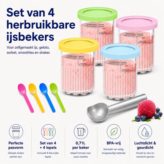 Set van 4 Ijsbekers Geschikt voor Ninja Creami - Herbruikbare Ijscontainers met Deksels en Lepels - Compatibel met NC300, NC301 & NC299AMZ Serie - 0.71L - BPA-Vrij - ijsschep inbegrepen — afbeelding 2