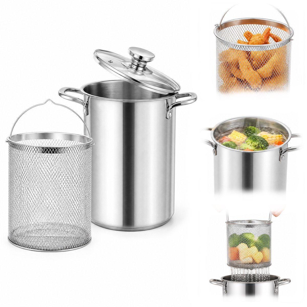 Niet-elektrische Frituurpan met Glazen Deksel - 304 RVS Kookpan met Uitneembare Frituurmand - Voor het Frituren van Friet en Snacks en het Koken van Groenten en Pasta - Afgieten en Uitlekken - Dubbele Zijhandgrepen - 26 x 16 cm - Zilver