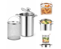 Niet-elektrische Frituurpan met Glazen Deksel - 304 RVS Kookpan met Uitneembare Frituurmand - Voor het Frituren van Friet en Snacks en het Koken van Groenten en Pasta - Afgieten en Uitlekken - Dubbele Zijhandgrepen - 26 x 16 cm - Zilver