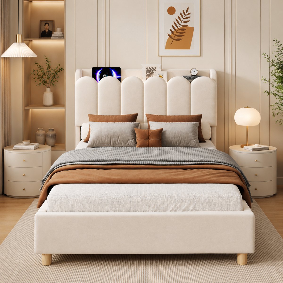 Pugsdrly Gestoffeerd bed, eenpersoonsbed, kinderbed 90 x 200 cm, bed met lattenbodem, gestoffeerd hoofdeinde, USB- en Type-C-oplaadstation en leeslamp, fluweel, beige