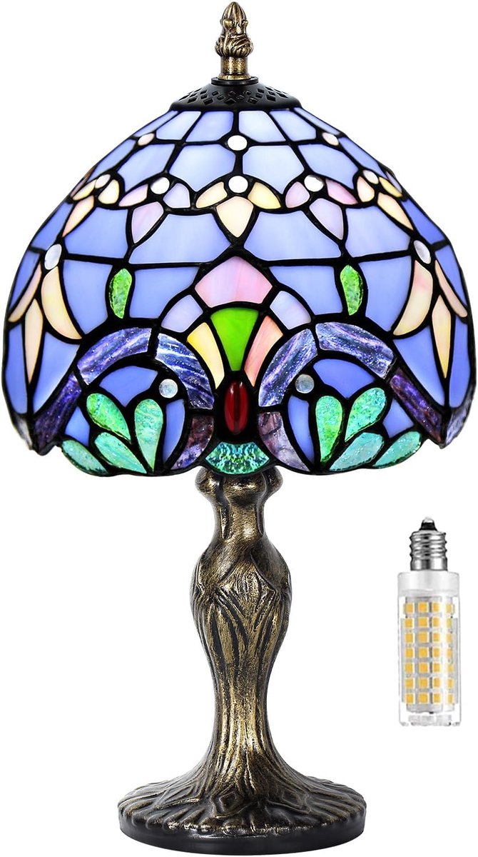 Vintage tafellamp van gebrandschilderd glas, Art Deco-stijl (barokblauw) | Slaapkamerlamp in gebrandschilderd glas-in-loodstijl, geschikt voor slaapkamer, nachtkastje, kantoor, studeerkamer. E27-lamp niet inbegrepen.