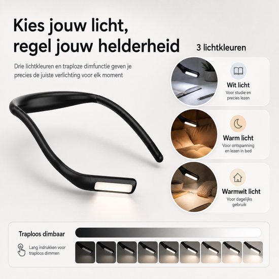 Neklamp - Nekleeslamp - Leeslamp voor in Bed - Oplaadbaar - 3 Lichtkleuren - Traploos Dimbaar - 250° Draaibare Lampkop - 1800mAh - Handsfree Leeslamp voor Lezen, Haken en Breien - Zwart — afbeelding 4