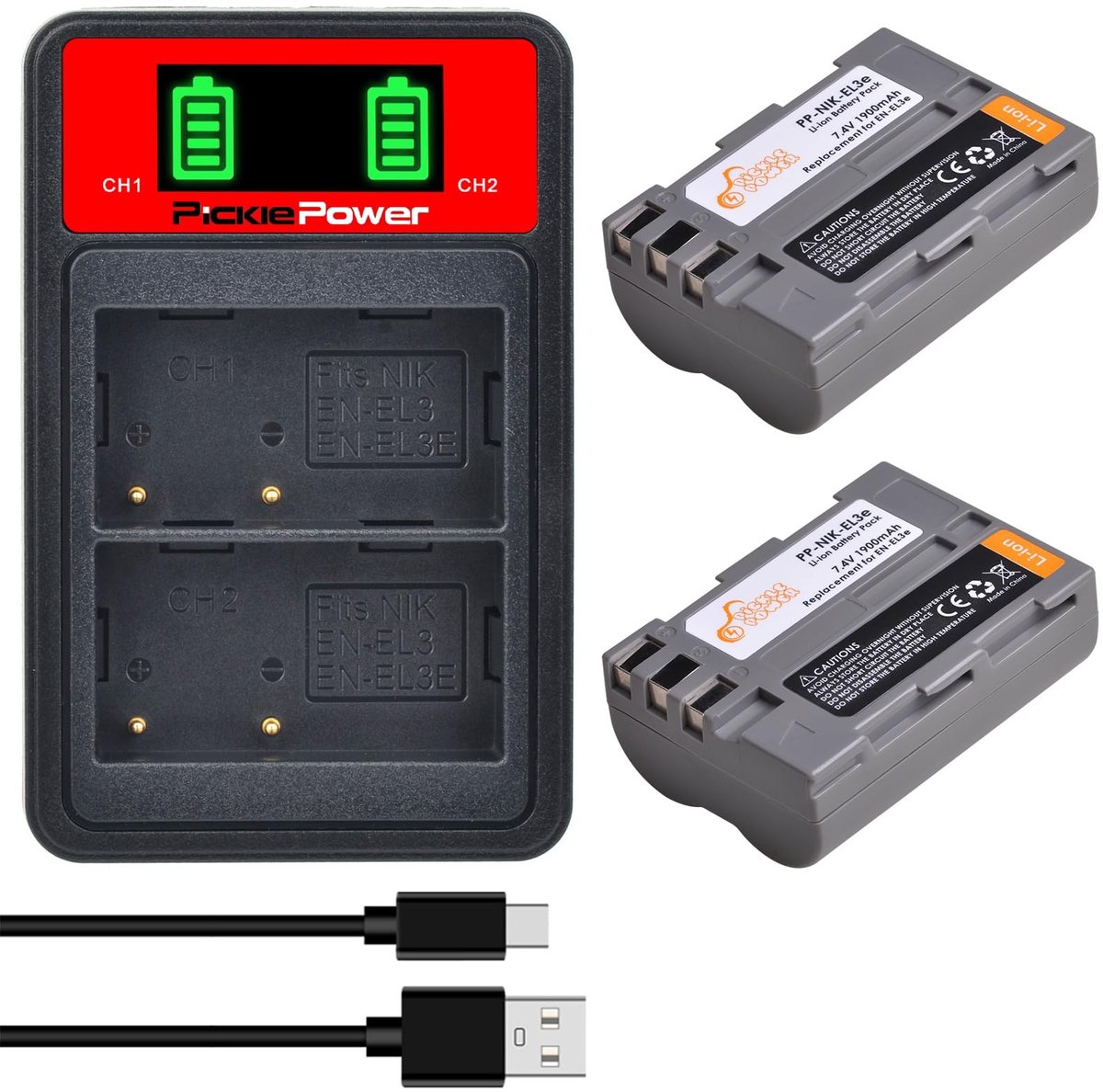 SolidKeus - 2 Stuks EN-EL3E Batterijen met Dubbele USB Lader voor Nikon Camera's