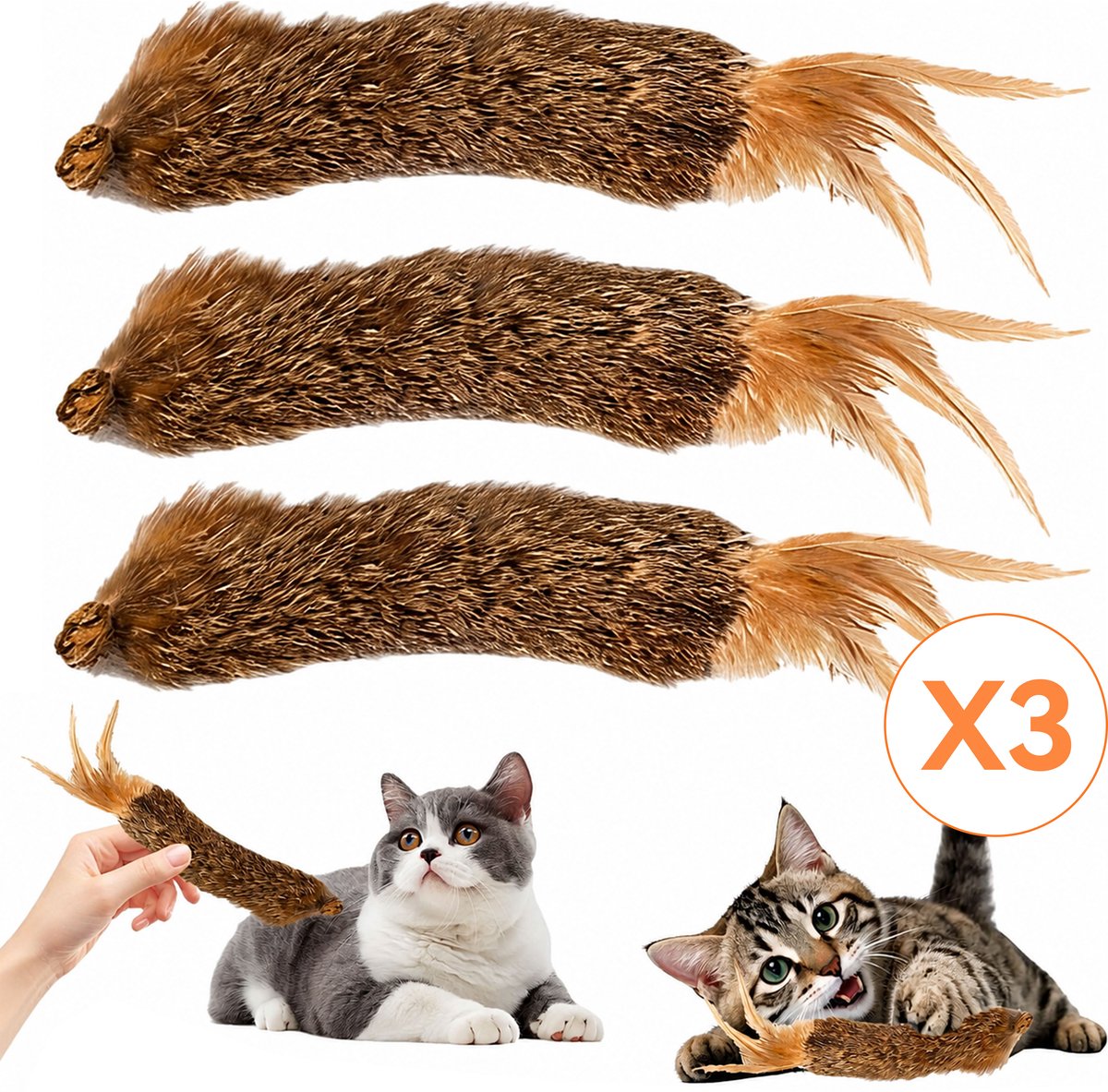 Kaiyaya - set van 3 kattenspeelgoed - imitatie konijnenbont - met verenstaart - interactief speeltje - voor binnenkatten en jachtspel