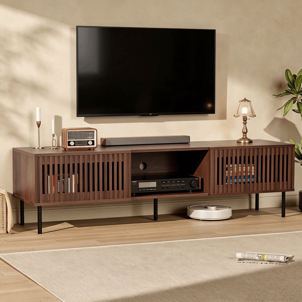 HOMMPA TV-meubel 160 cm – Walnoot – TV-dressoir met 2 Lamellendeuren – TV-kast met Open Vak – Mid-Century Design