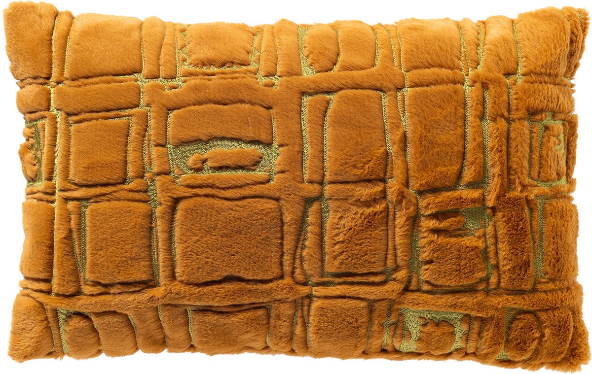 Dutch Decor DORON - sierkussen 30x50 cm - bontlook - blokkenpatroon - Buckthorn Brown - bruin, groen - Inclusief binnenkussen - Luxe kussens voor woonkamer & bank