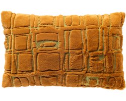 Dutch Decor DORON - sierkussen 30x50 cm - bontlook - blokkenpatroon - Buckthorn Brown - bruin, groen - Inclusief binnenkussen - Luxe kussens voor woonkamer & bank