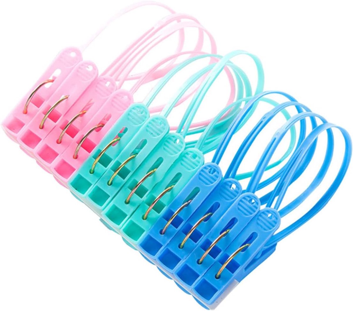 12 stuks- Wasknijpers-wasknijpers kunststof -wasknijpers groot-wasknijpers plastic -Badlaken Knijpers -Strandlaken Knijpers-Handdoek Knijpers-Voor dagelijks wasgoed, strandhanddoek, badhanddoek--Winddicht- Anti Slip-drie kleuren