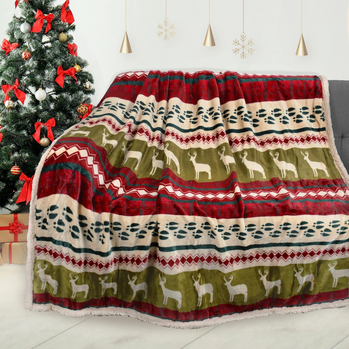 SolidKeus - Sherpa Deken met Kerstmotief, Super Zacht en Warm, Decoratief voor Thuis