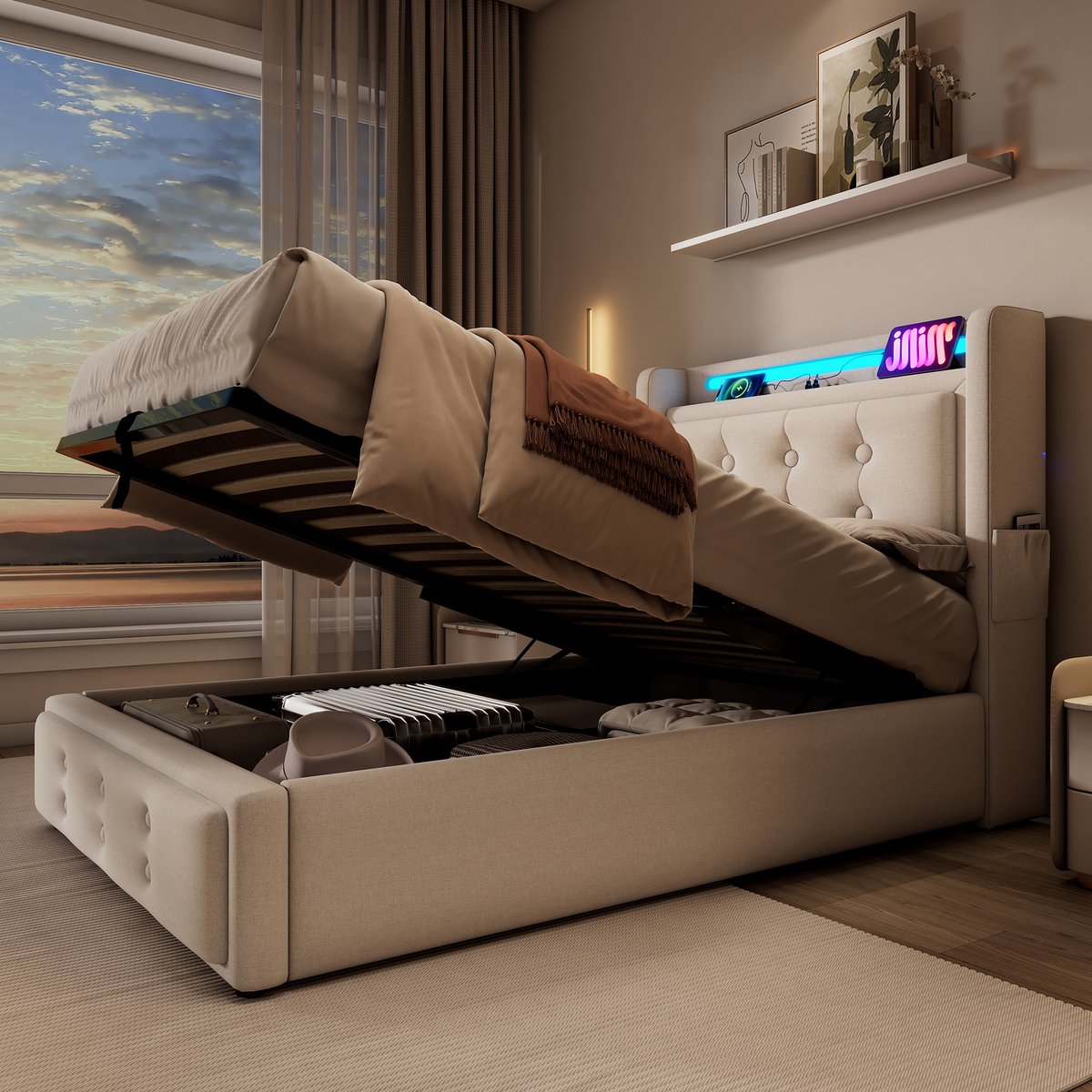 Gestoffeerd bedframe - voor matras 90 x 200 cm - beige - met LED-verlichting en USB-aansluiting en lattenbodem - voor de slaapkamer