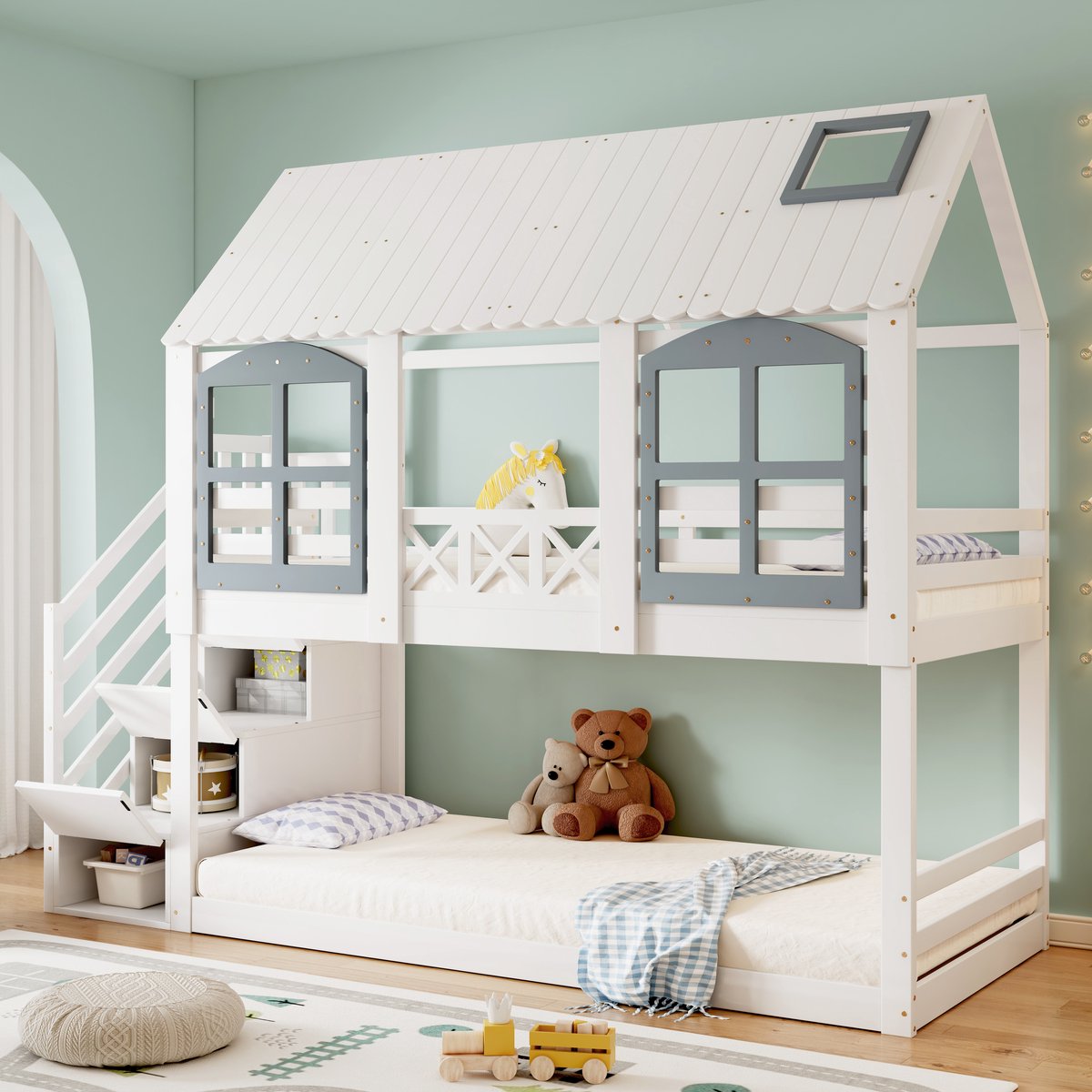 Kinderbed - voor matras 90 x 200 cm - wit - met opbergruimte - afmetingen 95 x 253,5 x 215 cm - matras niet inbegrepen - voor de slaapkamer