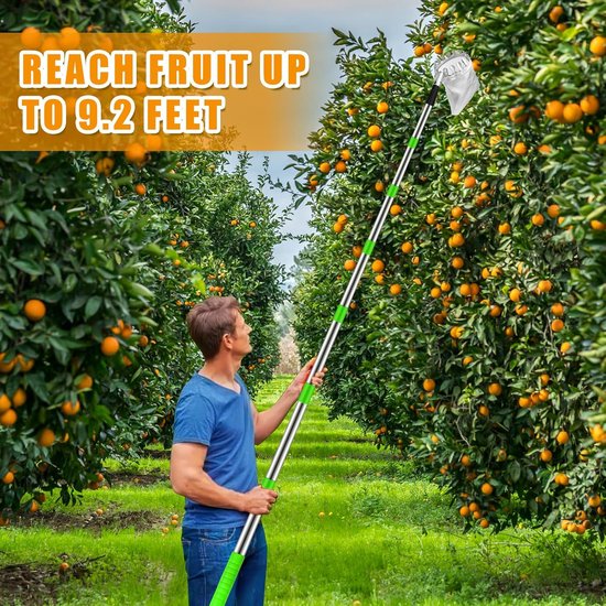 Fruitplukker Met Steel - 2.8M - Appelplukker - Fruit Plukker - Lange Fruitpluktool met telescopische steel - Fruitgrijper met telescopische steel en opbergtas - Snoeigereedschap - Voor kersen, bessen, sinaasappels, peren, citroenen — afbeelding 2