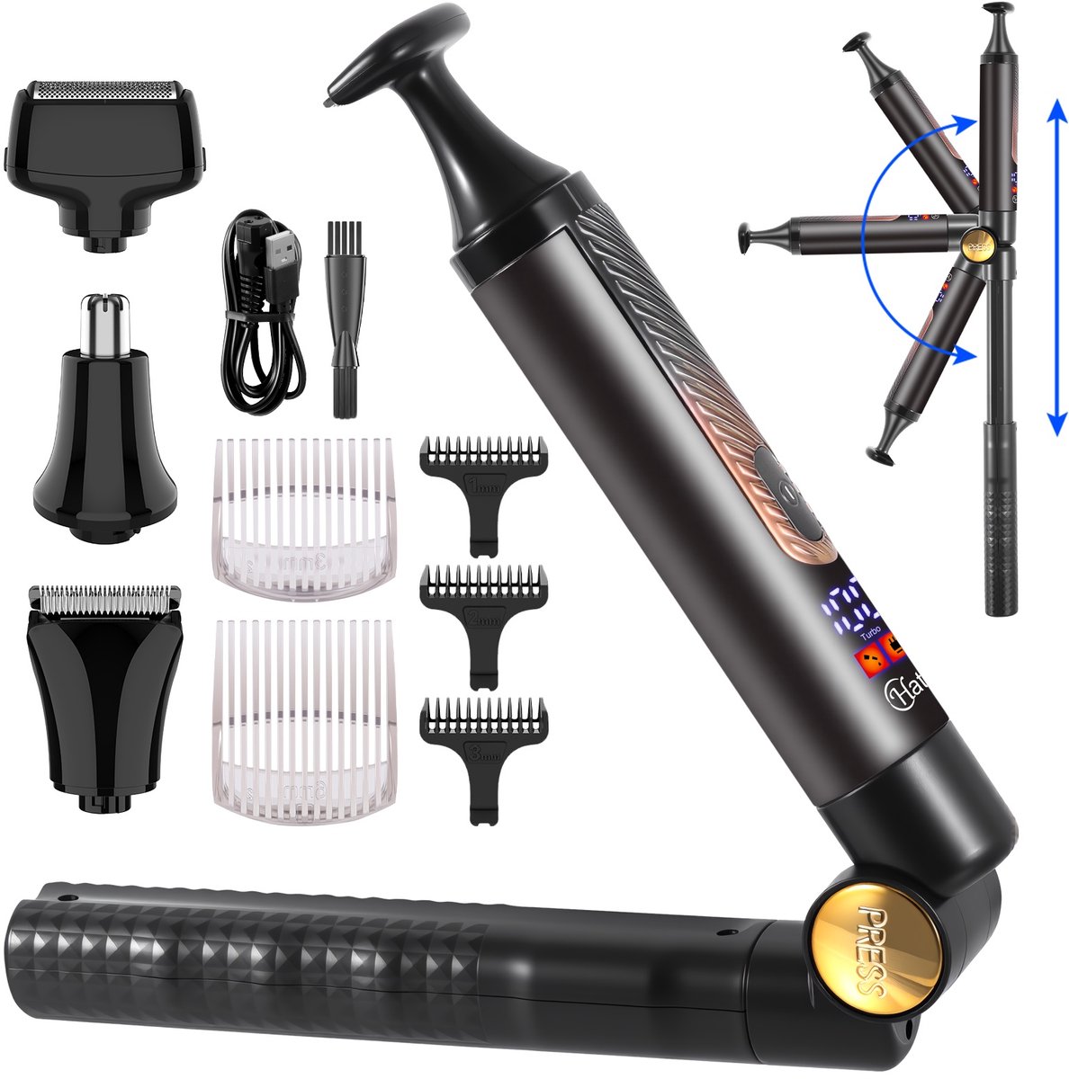HATTEKER 4-in-1 Lichaamstrimmer Set - Rugtrimmer, Baardtrimmer, Neus-/Oortrimmer & Precisietrimmer - LED Display - Zwart - Verbeterde