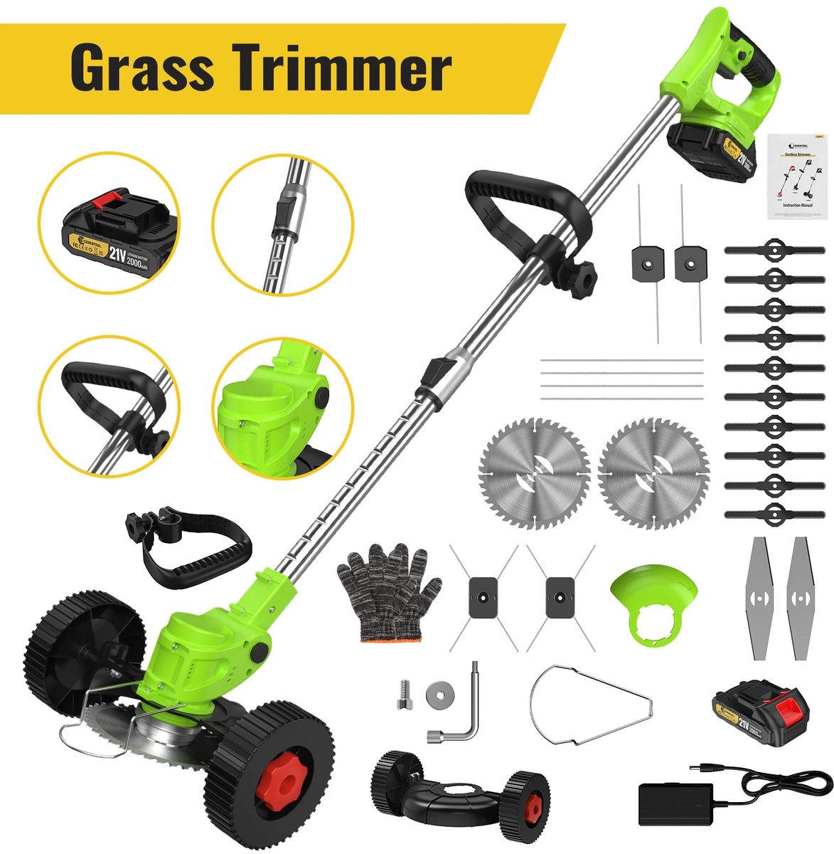 Archi Grastrimmer – Bosmaaier - 21V - Draadloos - 650W – 2 Accu’s – 5 Soorten Snijbladen – Telescopisch – Steunwielen – Complete Set