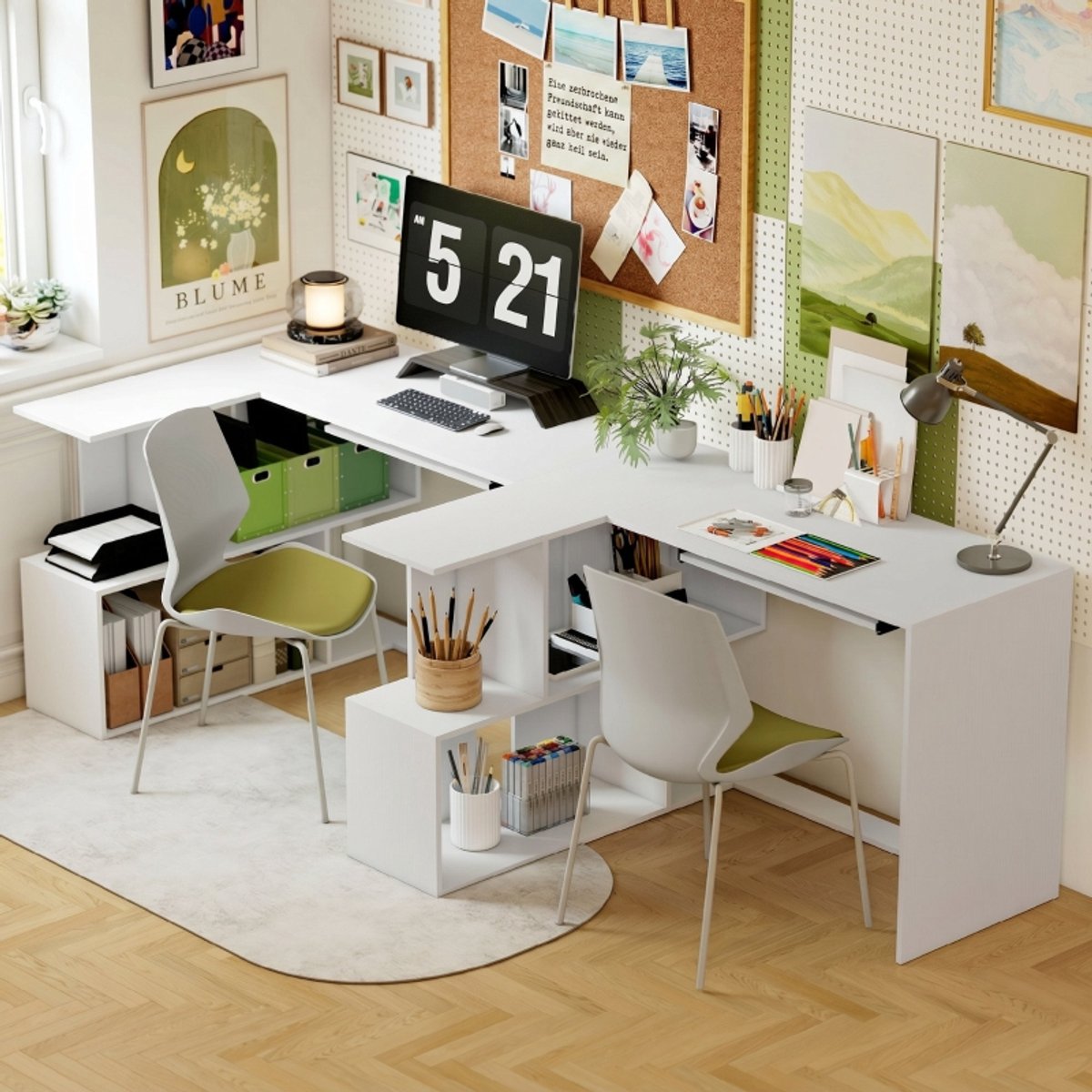 COVREO Hoekbureau 120x100x76 cm wit spaanplaat, met toetsenbordlade en open vakken