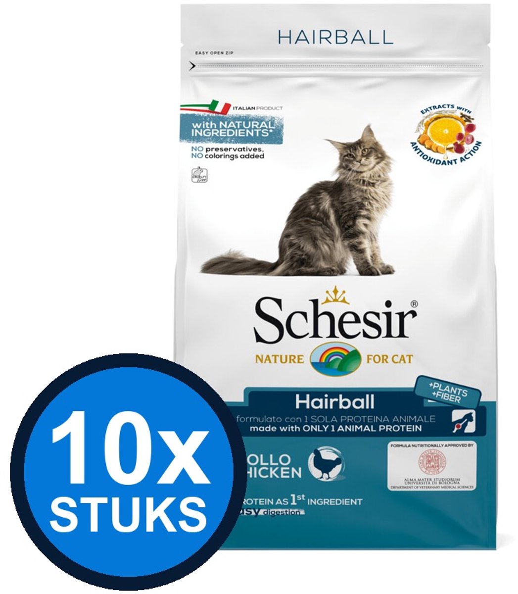 10x Schesir - Kattenvoer - Droogvoer - Hairball Kip - 400g