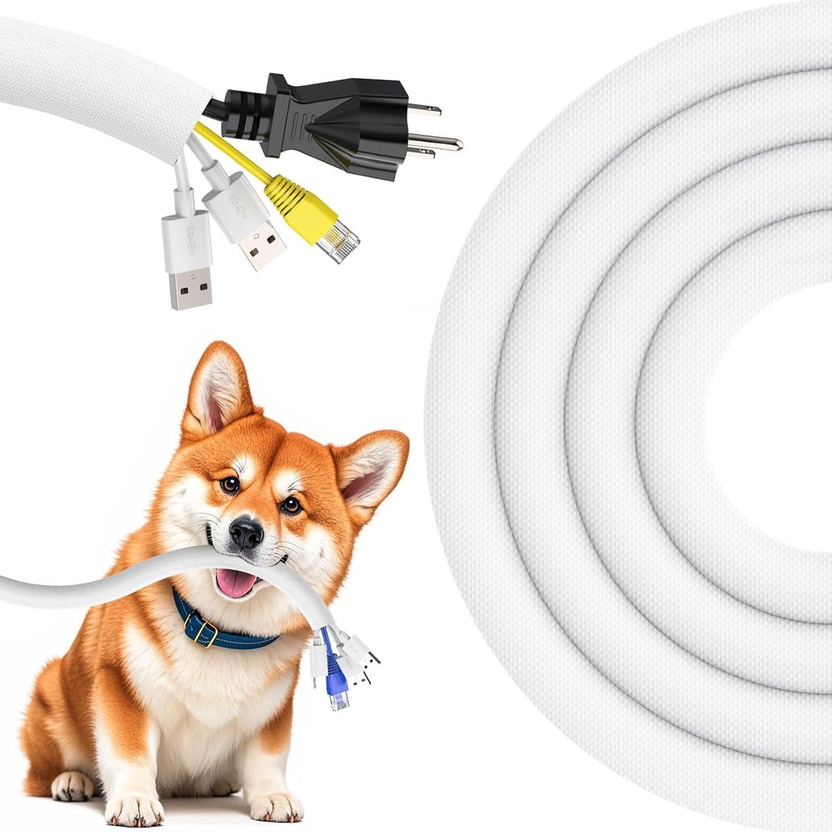 Kabelbeschermhoes 3m 12.7mm Wit - Bescherming tegen knagen door huisdieren, Uitbreidbare gevlochten kabelbeheer met 8 kabelbinders voor een opgeruimde omgeving