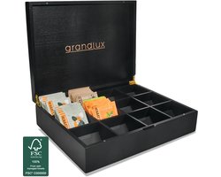 Grandlux Theedoos 12 Vaks – Ruime Vakken voor Pickwick, Twinings, Clipper, Pukka thee – 100% Bamboe – Thee Organizer – Theebox – Zwart