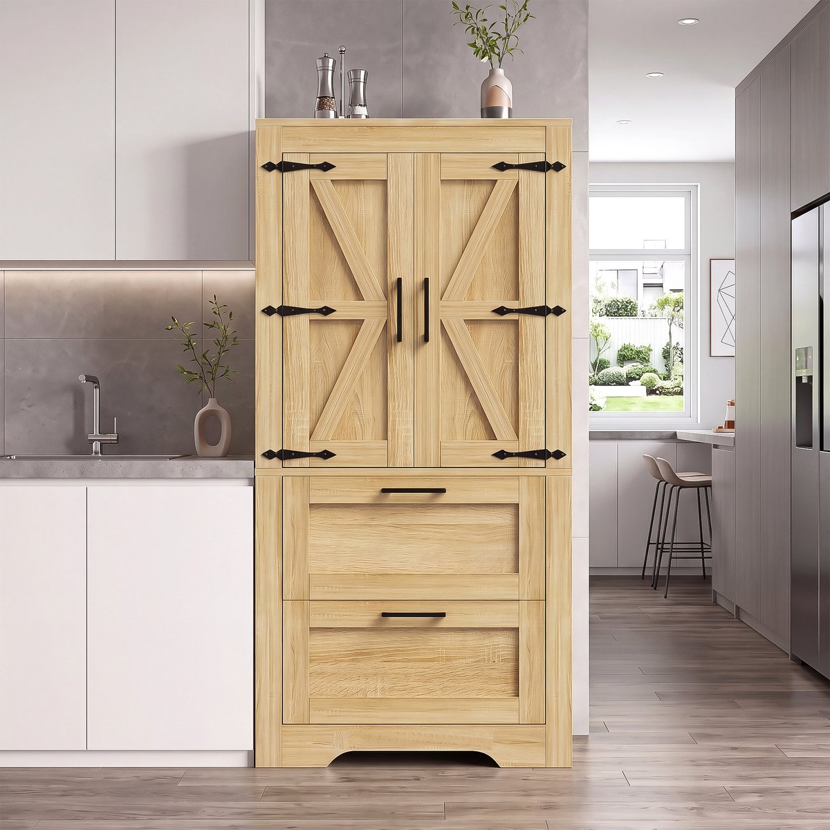 FloraGrace Keukenkast - Landhuisstijl Met 2 Lades En Verstelbare Legplanken - Voor Keuken, Eetkamer En Woonkamer - MDF - Naturholzfarbe - 60x30x128 Cm