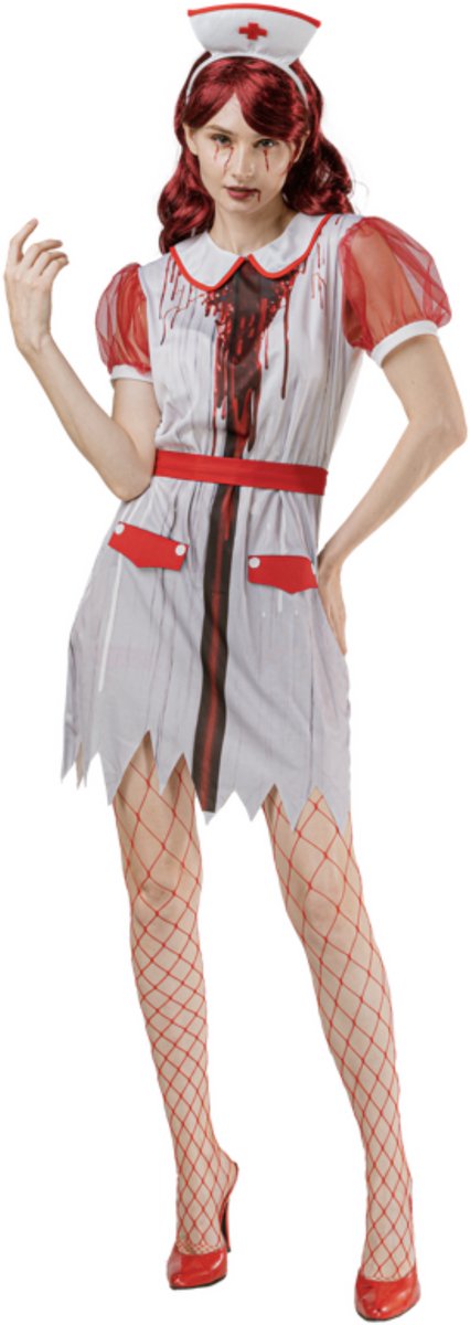 Joya Party® Zombie Zuster Kostuum Dames | Halloween Verkleedjurk Vrouwen | Scary Verpleegster Kostuum met Bloedvlekken | Zuster Verkleedkleding | Incl. Haarband & Riem | Maat M/L