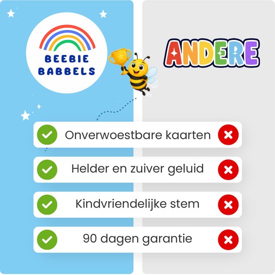 Beebie Babbels logo met regenboog, lachende bij met trofee, tekst 'ANDERE', en vinkjes met 'Onverwoestbare kaarten', 'Helder en zuiver geluid', 'Kindvriendelijke stem', '90 dagen garantie'.