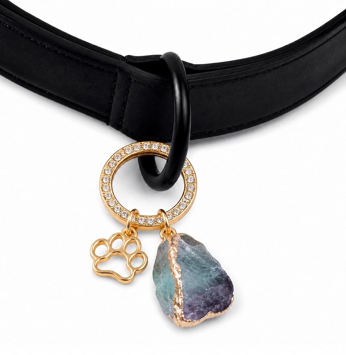 Luxe Natuursteen Hanger Halsband | Gelukssteen voor Honden | Natuursteen Halsband Bedel met Gouden Pootje & Strass | Honden Hanger | Petshop Seven