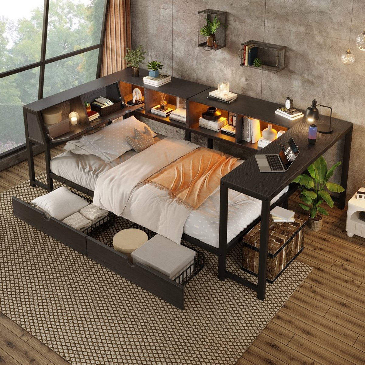 Pugsdrly 90x200 metalen bed met hoofdeinde met opbergruimte, LED-verlichting, bureau en lades, multifunctioneel bed