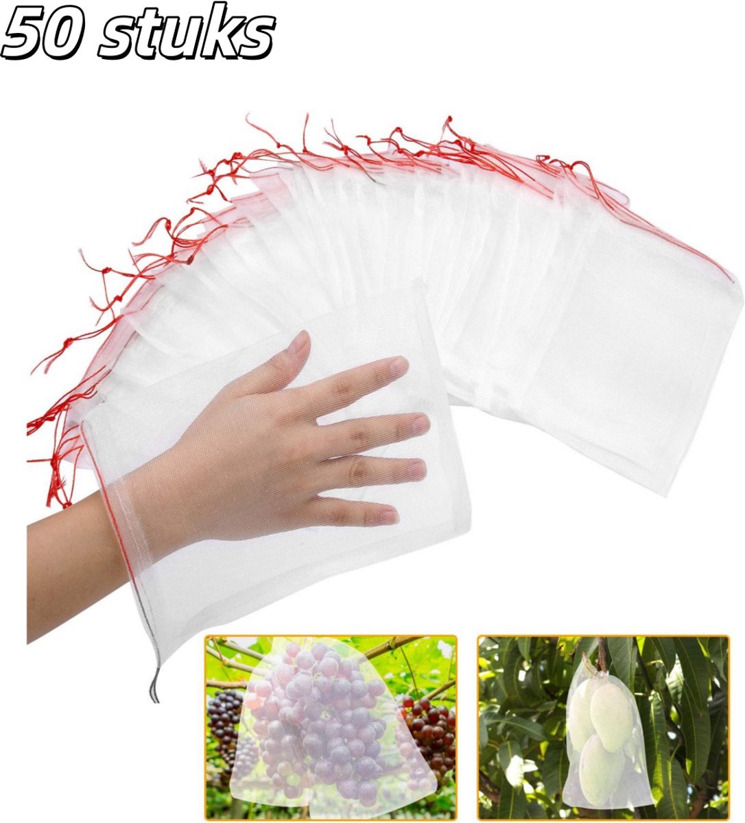 50 stuks - Plantenbeschermingshoezen - Beschermnet voor fruit - Nylon netzakken - Beschermt tegen fruitvliegen en vogels - Beschermende barrière voor tuinfruit - 25*15 cm - Wit
