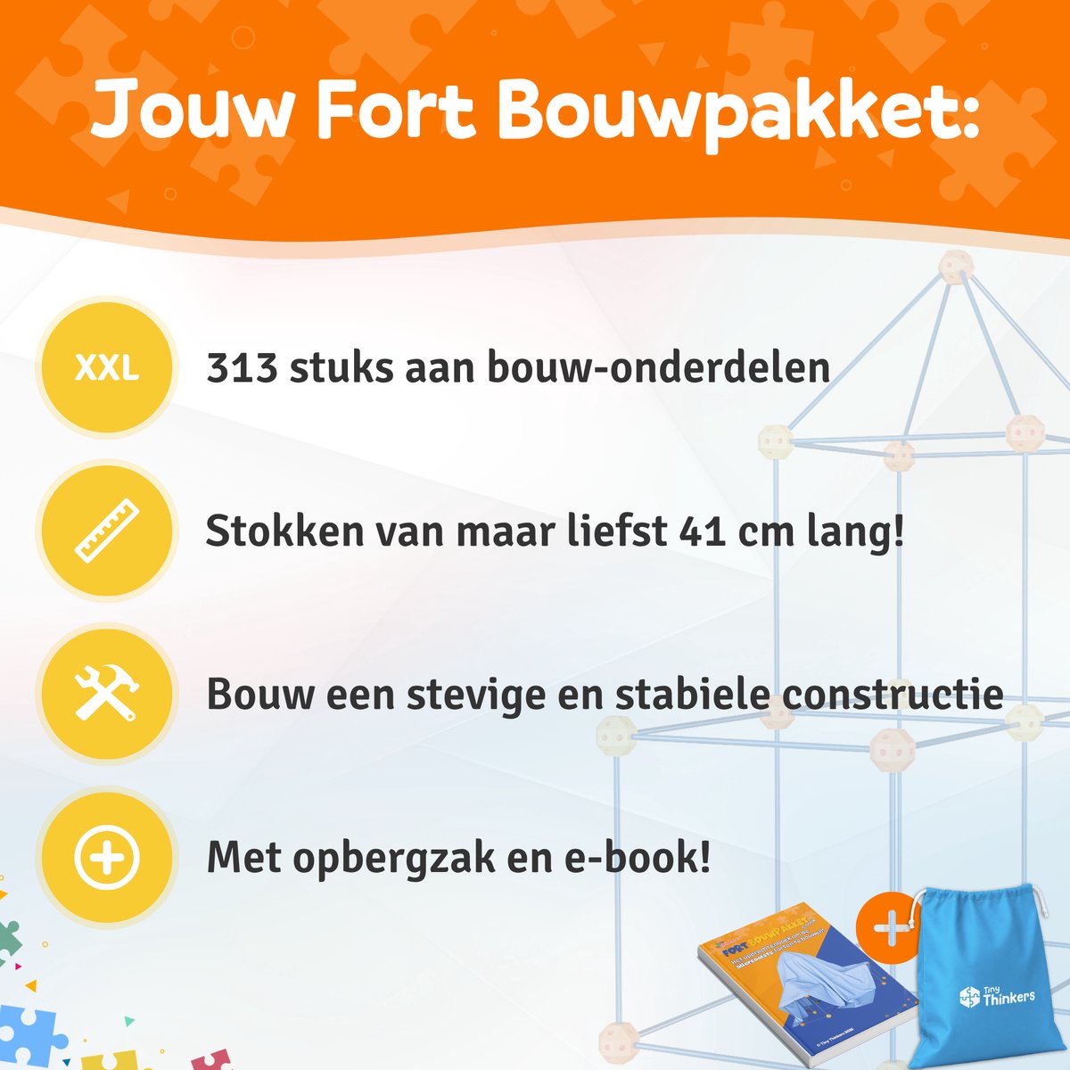 Fort Bouwpakket XXL met 313 Onderdelen - Incl. Opbergzak & E-book - Speeltent - Educatief Speelgoed - Bouwspeelgoed - Hut Bouwen — afbeelding 3