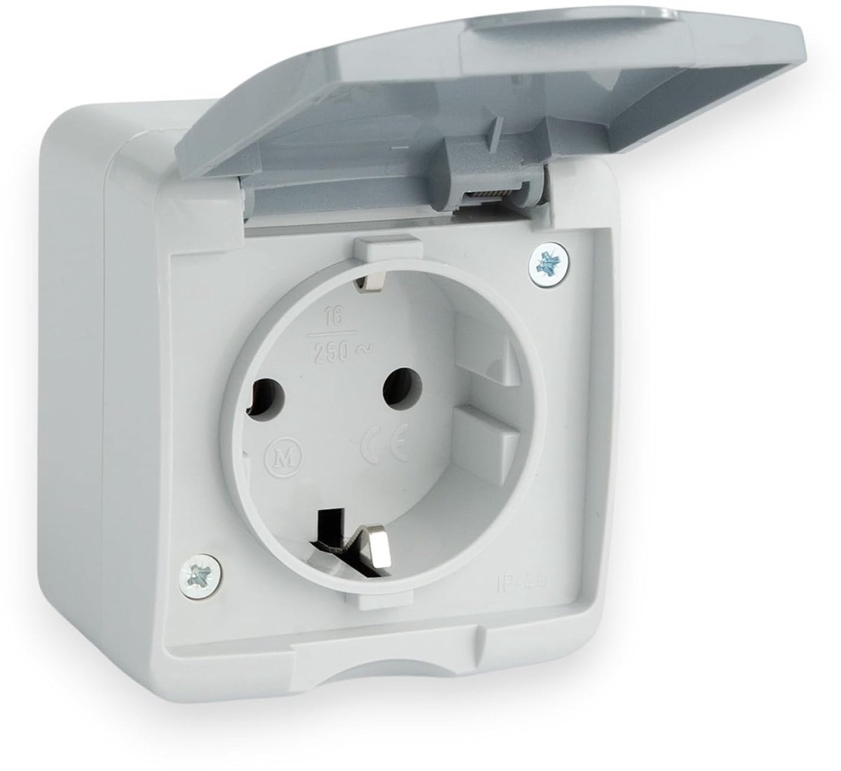 1-vaks stopcontact met klepdeksel, 230V, 16A, IP44 | Horizontaal opbouwstopcontact, Vochtige ruimte, Beschermd tegen spetterwater en stof, Schuko-stopcontact
