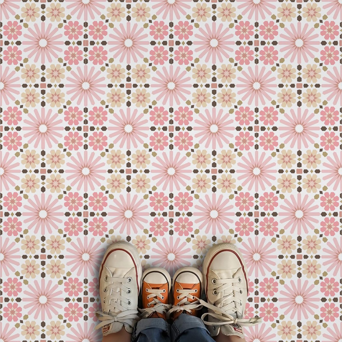 20 cm 20 stuks zelfklevende vinyltegels, peel-and-stick waterdichte vloertegelstickers voor badkamer keuken slaapkamer vloer muur, roze bruin wit bloemenpatroon